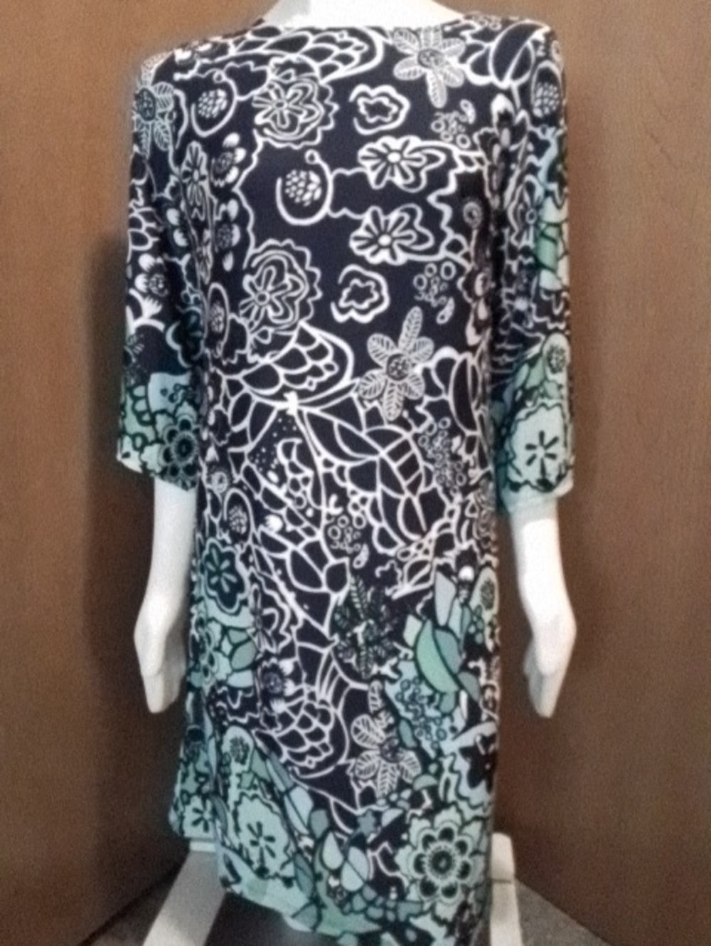 Notations Black, Navy, Green, and Aqua Floral Dress, Size M.